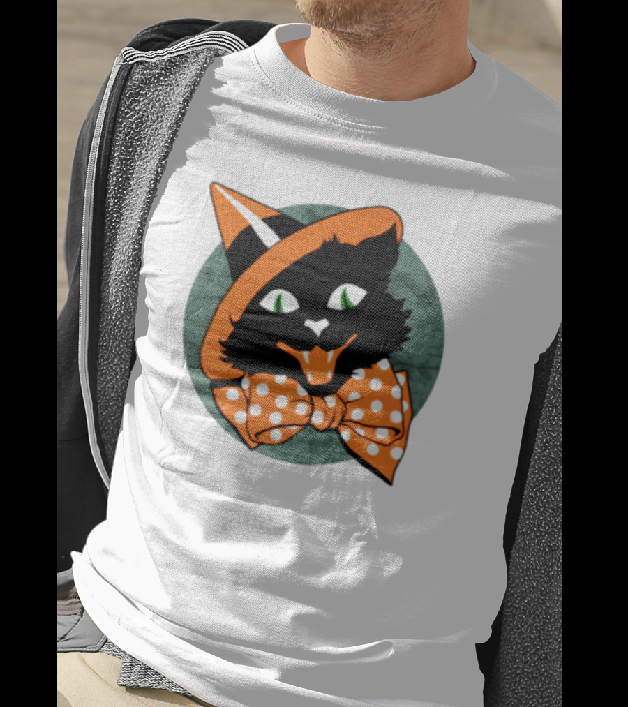 Halloween Black Cat Vintage Witch Hat Polka Dot Bow Tie T-Shirt