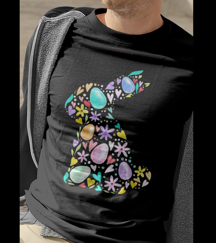 Rabbit Easter Day Colorful Eggs Hearts Flowers T-Shirt