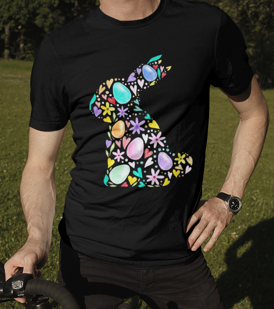 Rabbit Easter Day Colorful Eggs Hearts Flowers T-Shirt