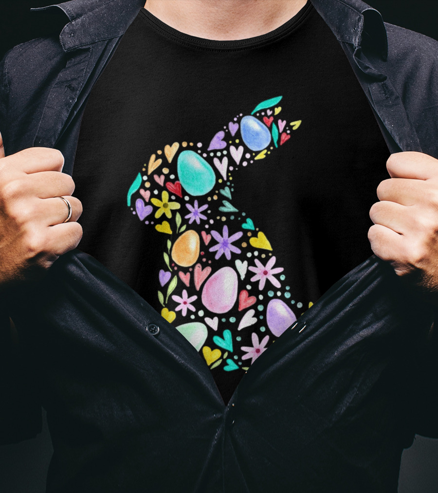 Rabbit Easter Day Colorful Eggs Hearts Flowers T-Shirt