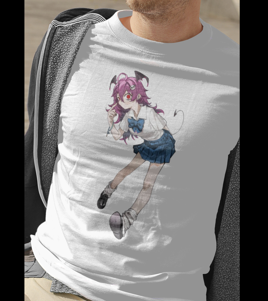 Devil Girl Anime School Uniform Purple Hair Horns Tail T-Shirt