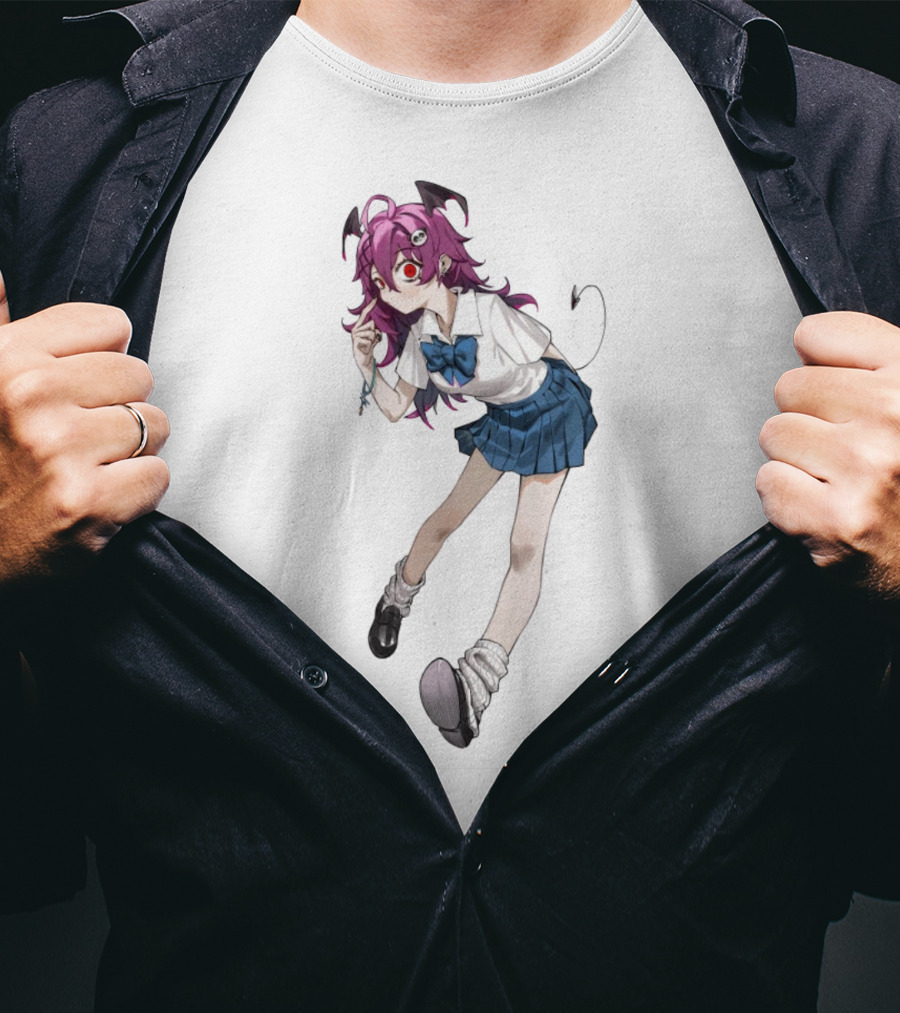 Devil Girl Anime School Uniform Purple Hair Horns Tail T-Shirt