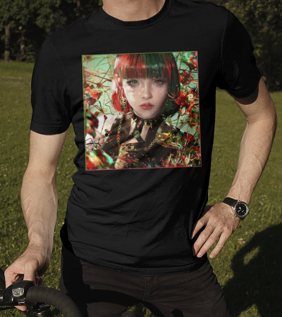 Green Red Sticker Fantasy Portrait Vibrant Blossoms Dual-Tone Hair T-Shirt