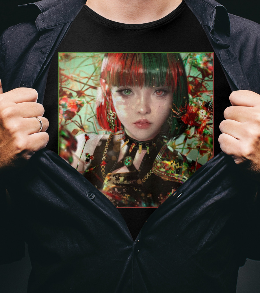 Green Red Sticker Fantasy Portrait Vibrant Blossoms Dual-Tone Hair T-Shirt