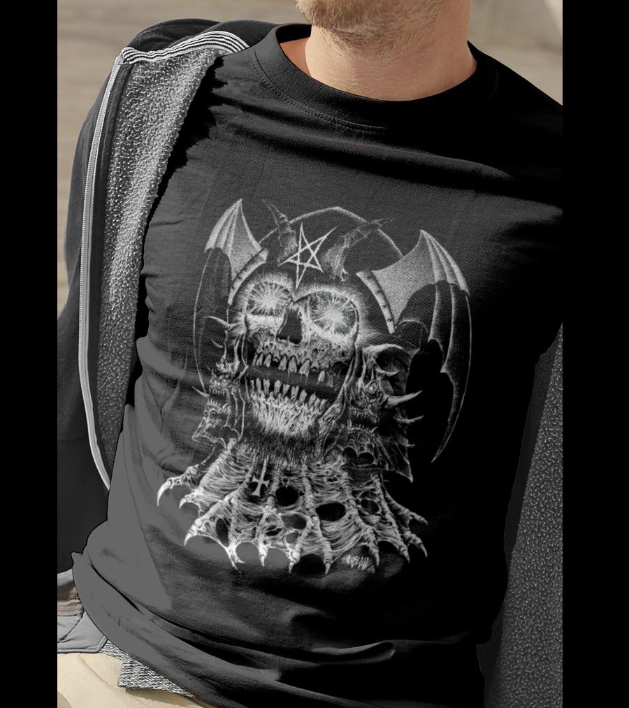 Lucifer's Helm Infernal Skull With Pentagram And Bat Wings T-Shirt