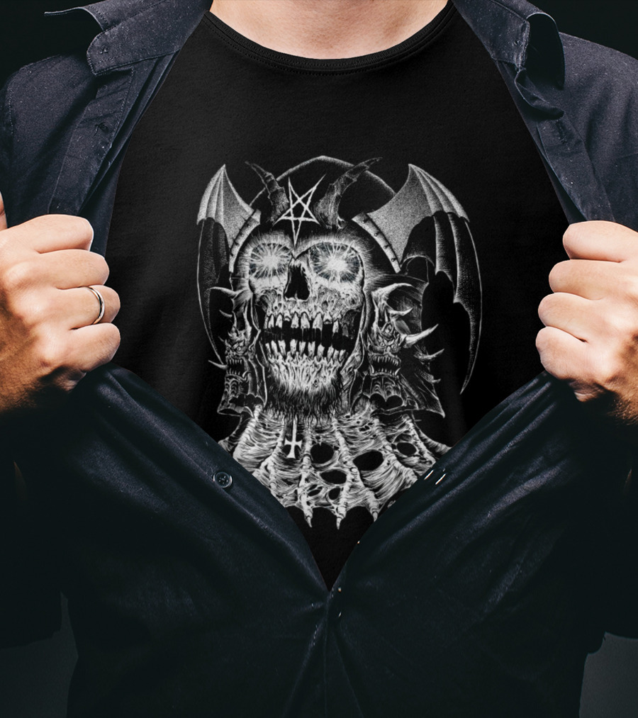 Lucifer's Helm Infernal Skull With Pentagram And Bat Wings T-Shirt