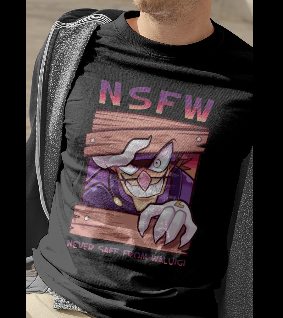 NSFW Never Safe From Waluigi Spaicy Waluigi Peeking Through Wooden Planks T-Shirt