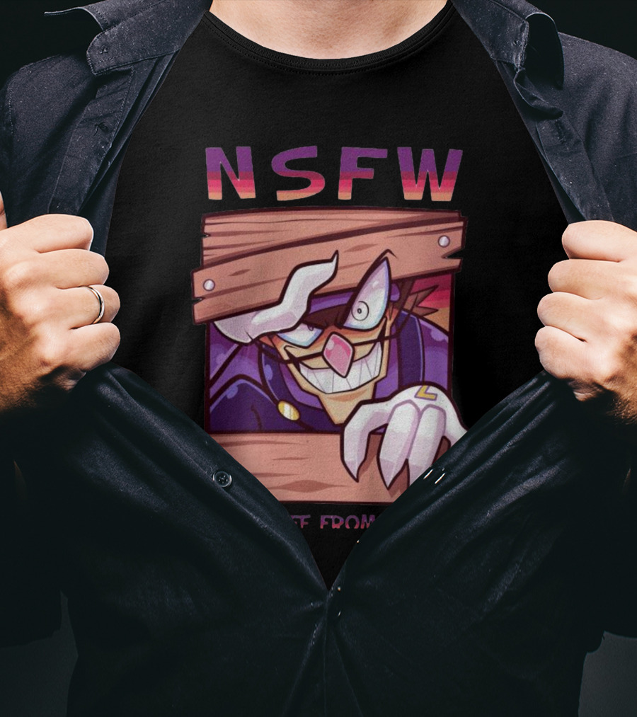 NSFW Never Safe From Waluigi Spaicy Waluigi Peeking Through Wooden Planks T-Shirt