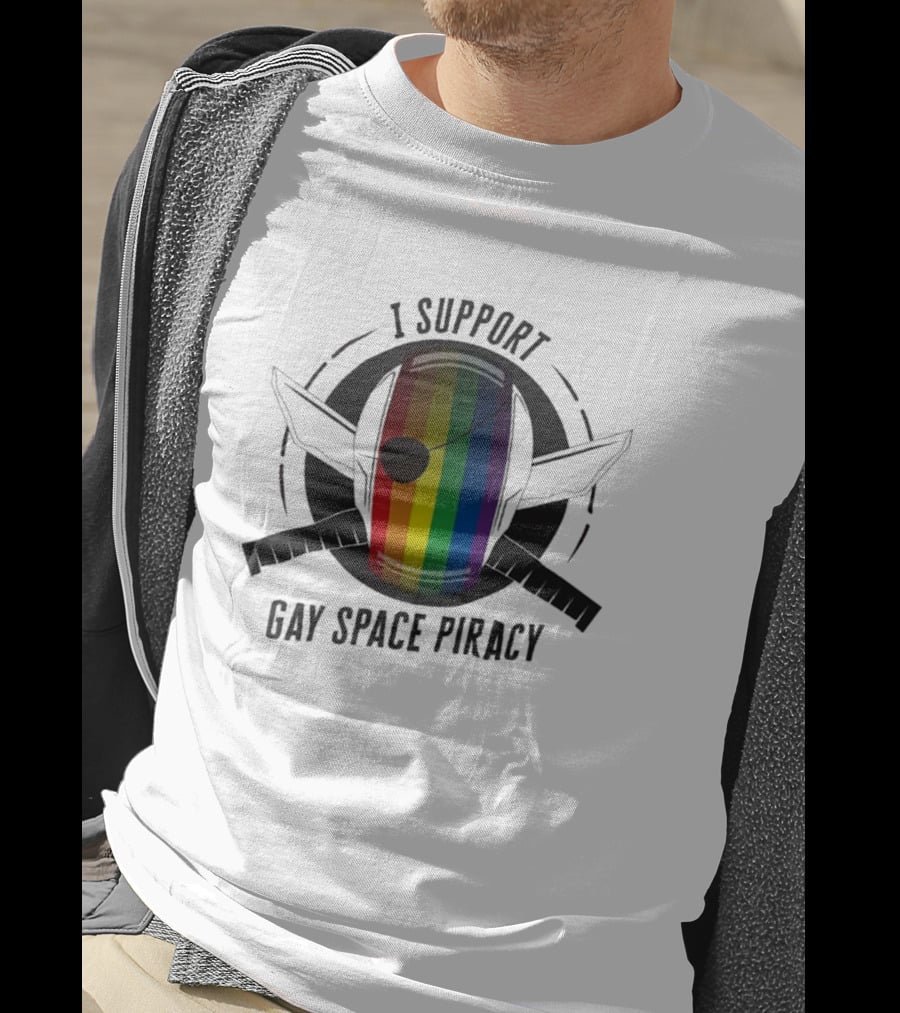 I Support Gay Space Piracy Pride Rainbow Flag Patch T-Shirt