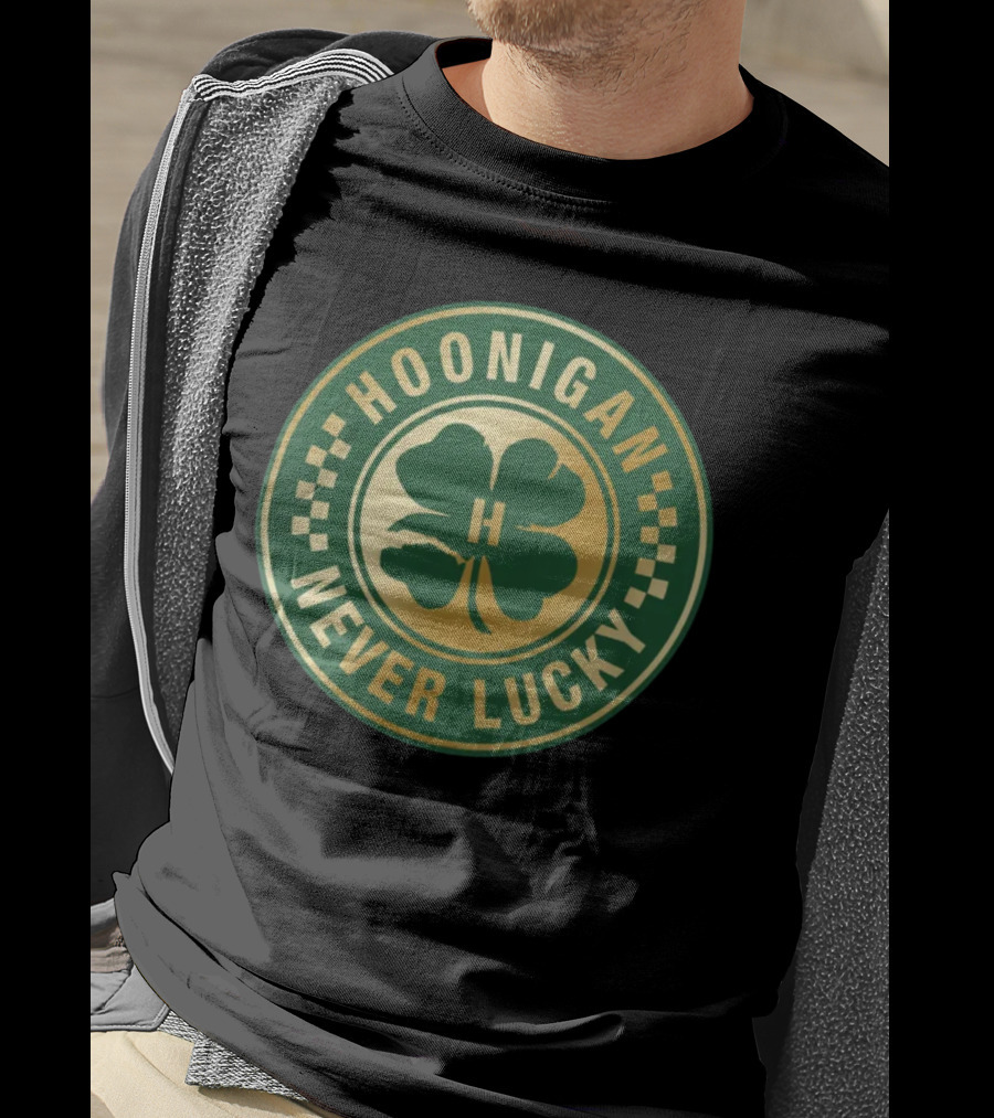Hoonigan Never Lucky Four Leaf Clover Checkerboard Badge T-Shirt