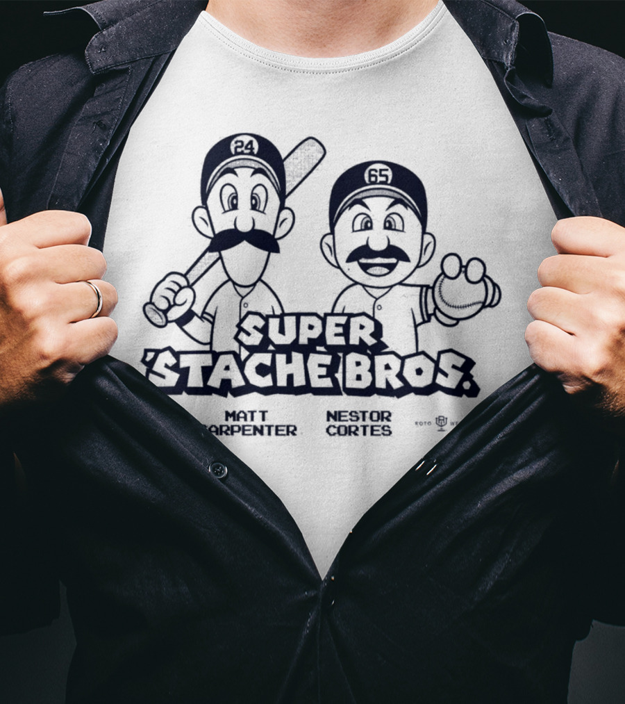 Super Stache Bros Matt Carpenter Nestor Cortes Baseball Parody Characters 24 65 Stache Bros MLB Players Team Names Caricatures T-Shirt