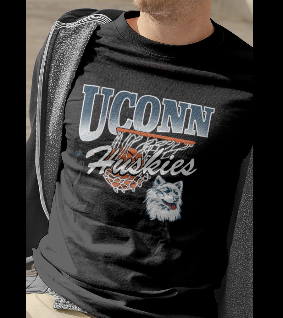 UConn Huskies Basketball Husky Mascot And Net T-Shirt
