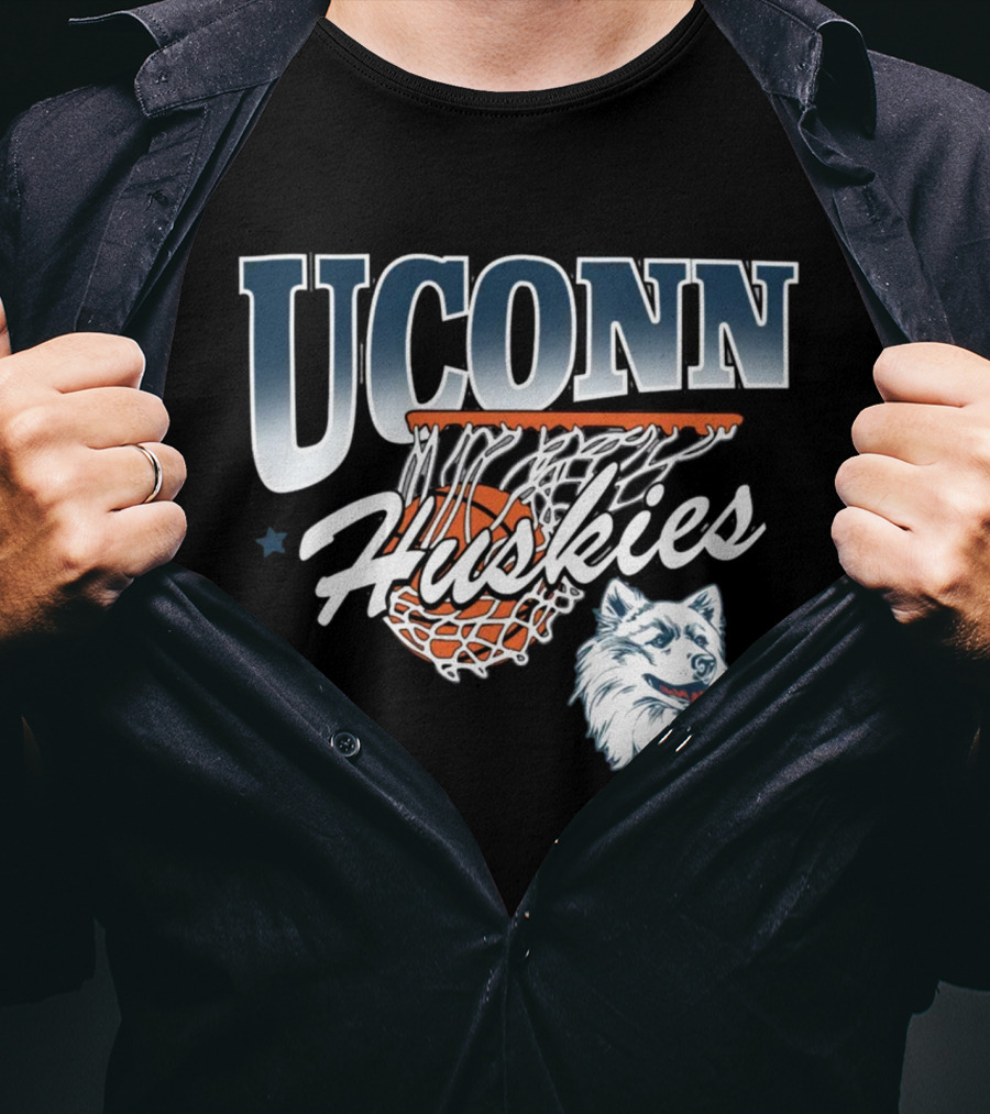 UConn Huskies Basketball Husky Mascot And Net T-Shirt