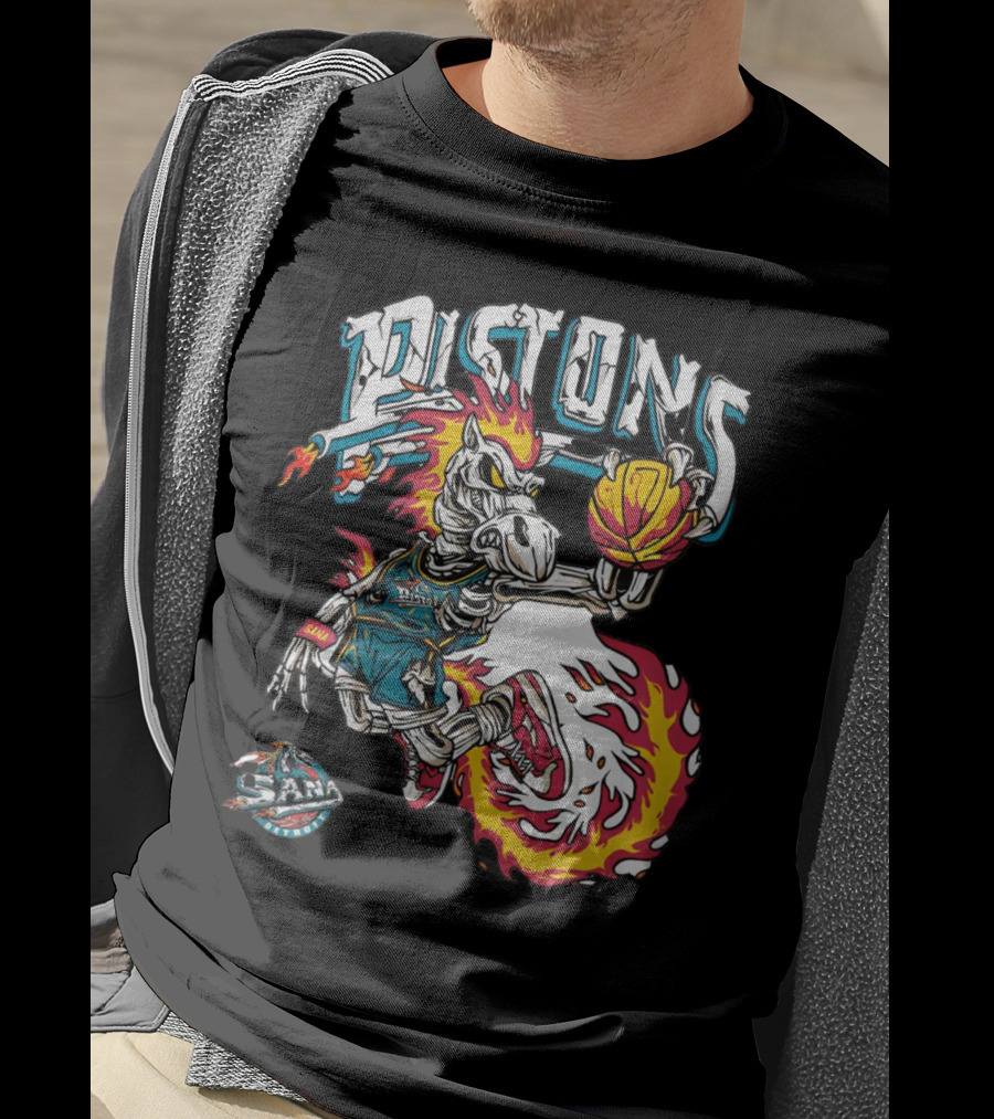 Sana Detroit Pistons Fiery Skeleton Basketball Dunk Pop-Up T-Shirt