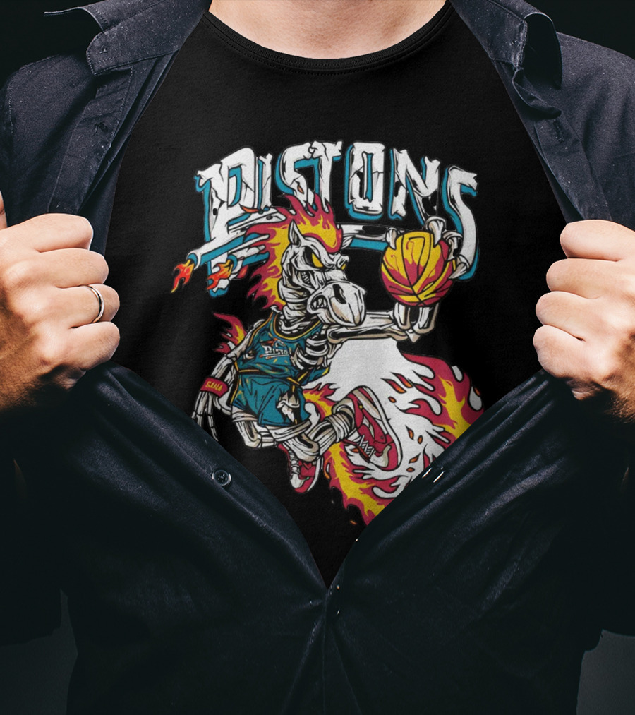 Sana Detroit Pistons Fiery Skeleton Basketball Dunk Pop-Up T-Shirt