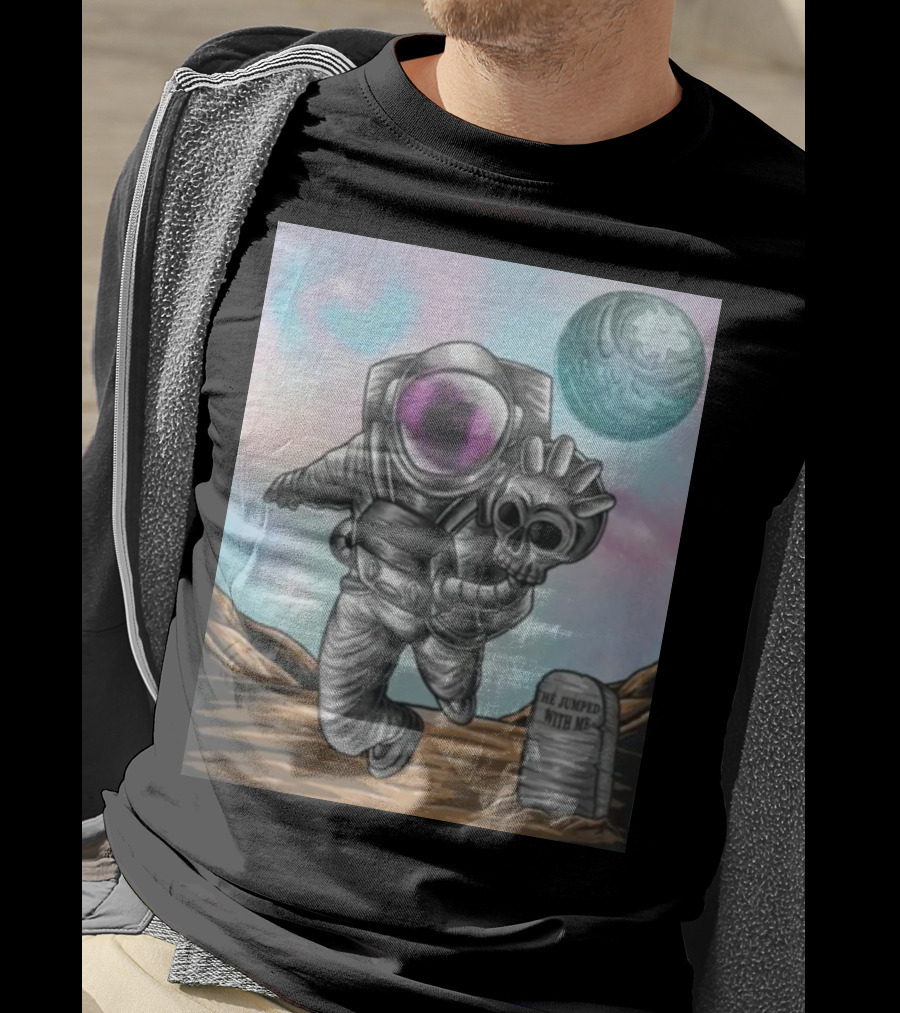 Slim Reaper Essential Youth Astronaut Skull Moon Tombstone He Jumped With Me T-Shirt