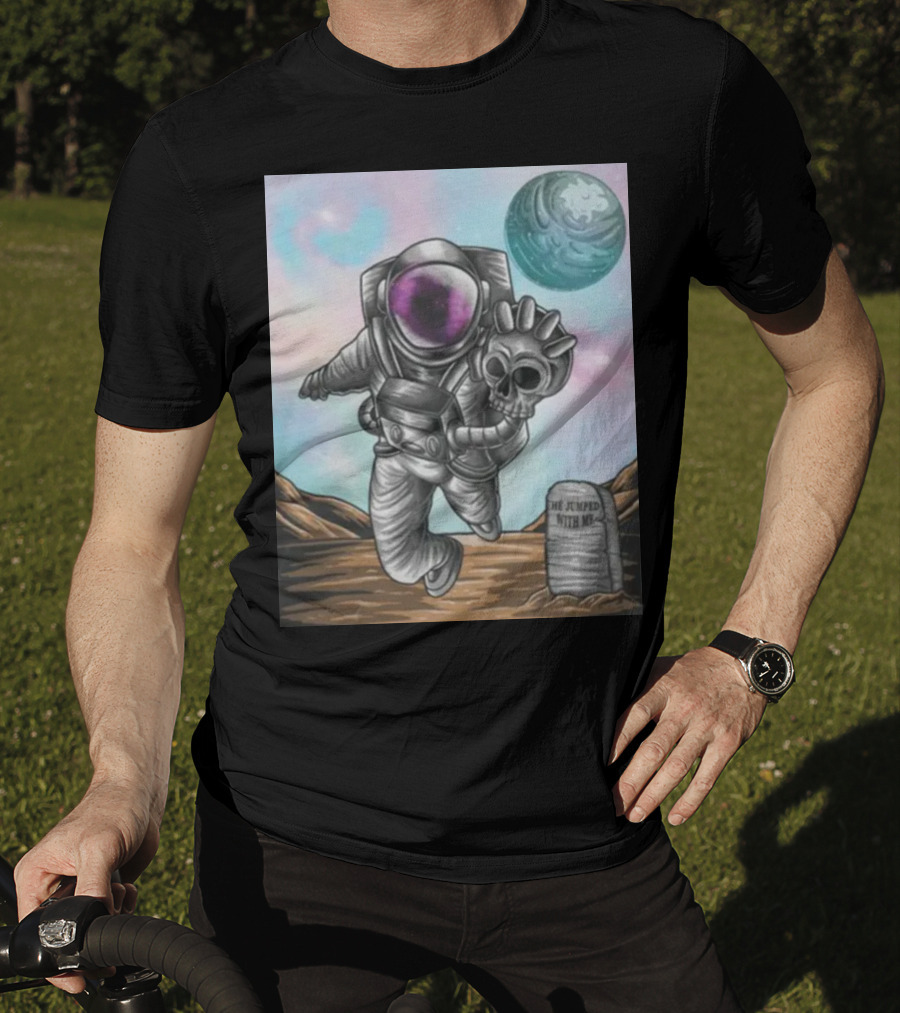 Slim Reaper Essential Youth Astronaut Skull Moon Tombstone He Jumped With Me T-Shirt