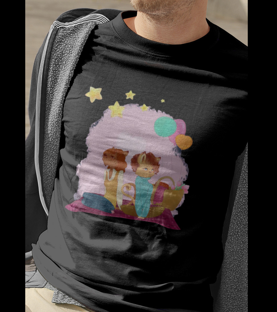 Cute Lesbian Fashion Relationship Cat Couple With Stars And Balloons T-Shirt