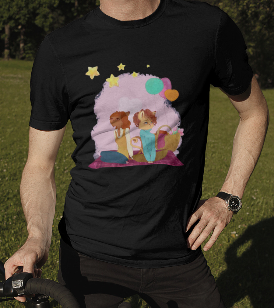 Cute Lesbian Fashion Relationship Cat Couple With Stars And Balloons T-Shirt