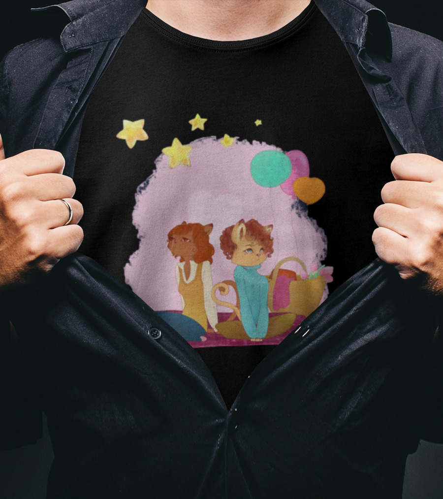 Cute Lesbian Fashion Relationship Cat Couple With Stars And Balloons T-Shirt