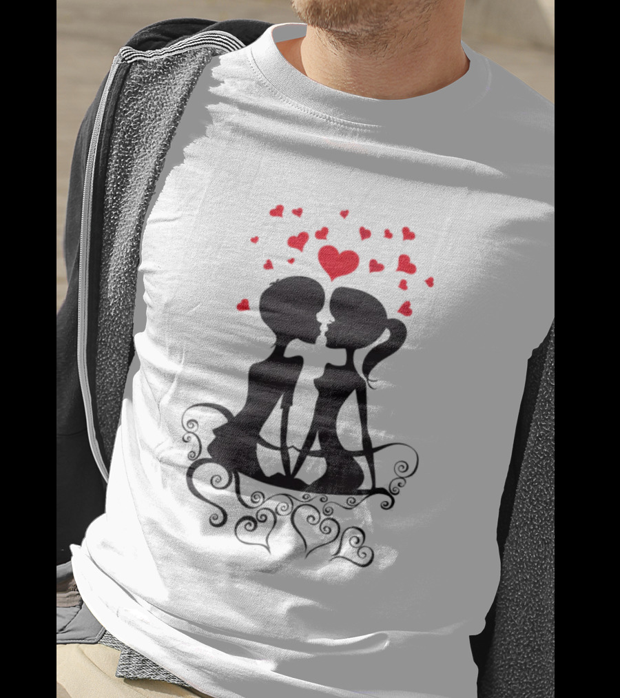 Lesbian Couple Kissing Romantic Silhouettes With Heart And Hearts T-Shirt