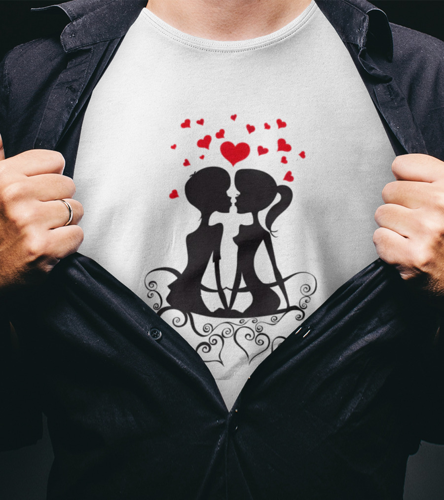 Lesbian Couple Kissing Romantic Silhouettes With Heart And Hearts T-Shirt