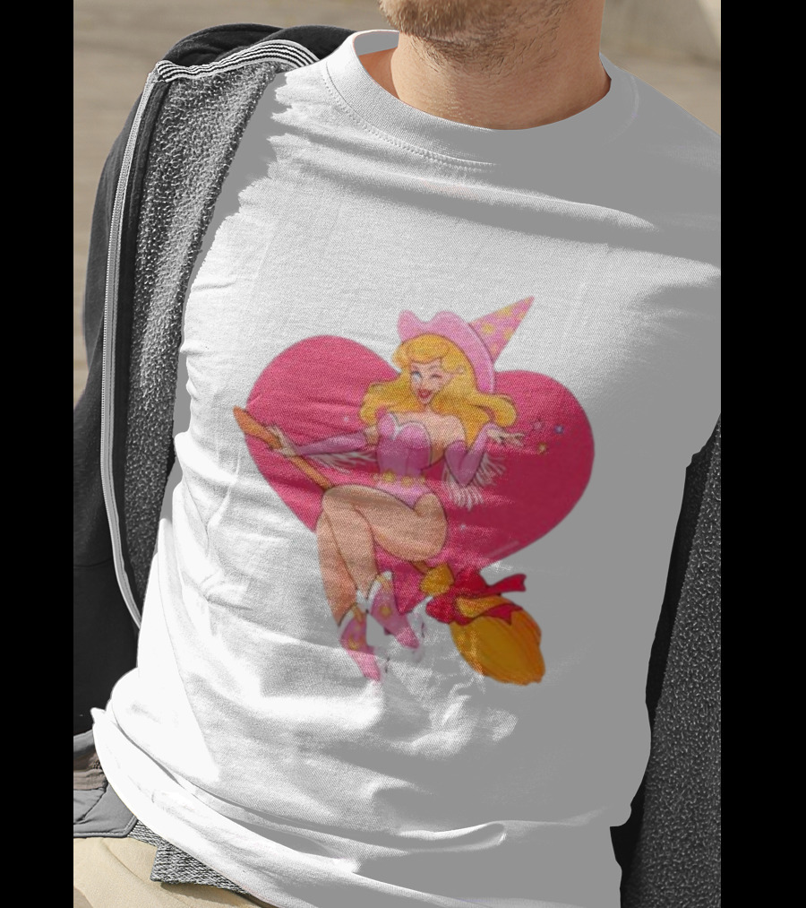 This Barbie Is A Witch Riding A Broomstick With Pink Heart Background T-Shirt