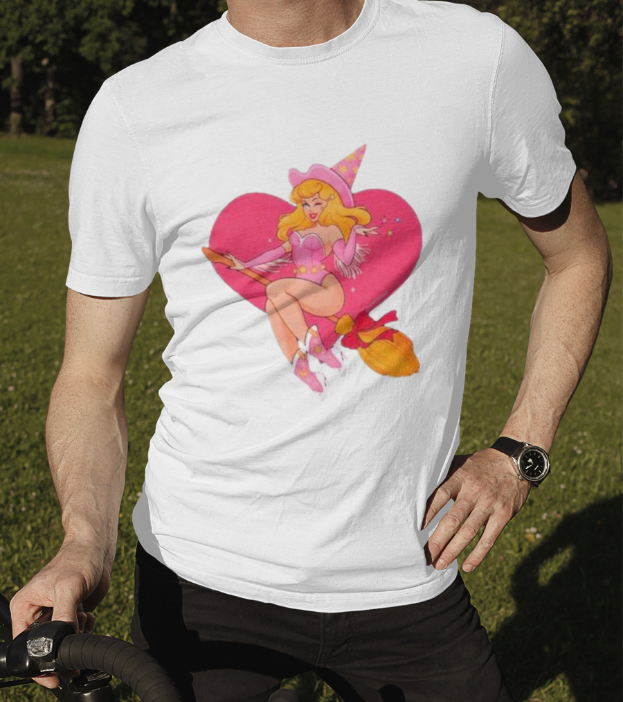 This Barbie Is A Witch Riding A Broomstick With Pink Heart Background T-Shirt