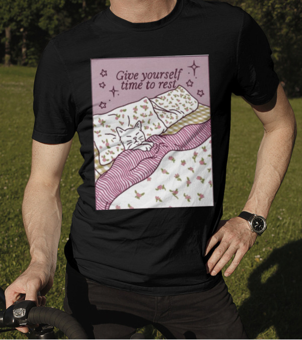 Give Yourself Time To Rest Cat Sleeping In Floral Bedding T-Shirt