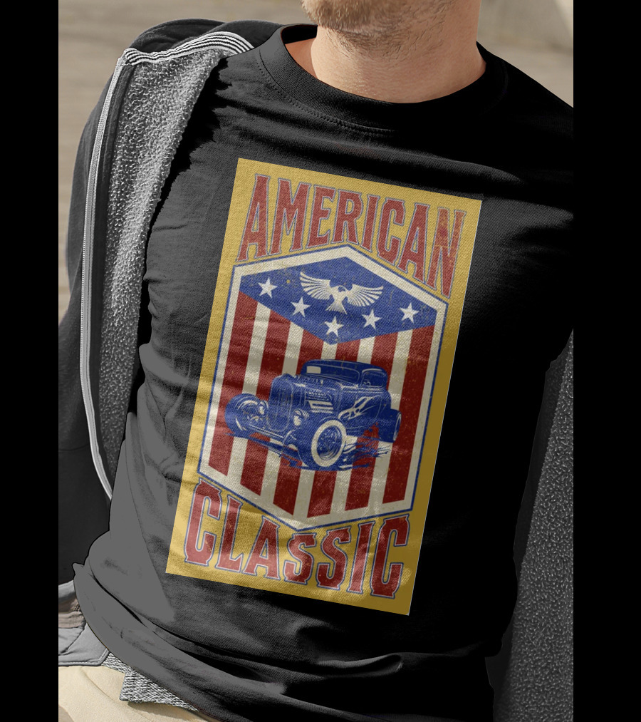 AMERICAN CLASSIC Hot Rod Eagle Stripes Stars Vintage Retro T-Shirt