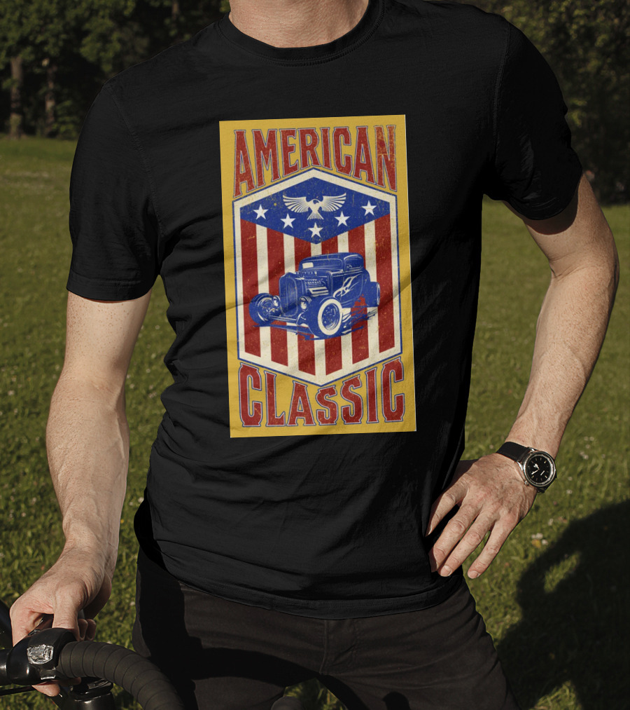 AMERICAN CLASSIC Hot Rod Eagle Stripes Stars Vintage Retro T-Shirt