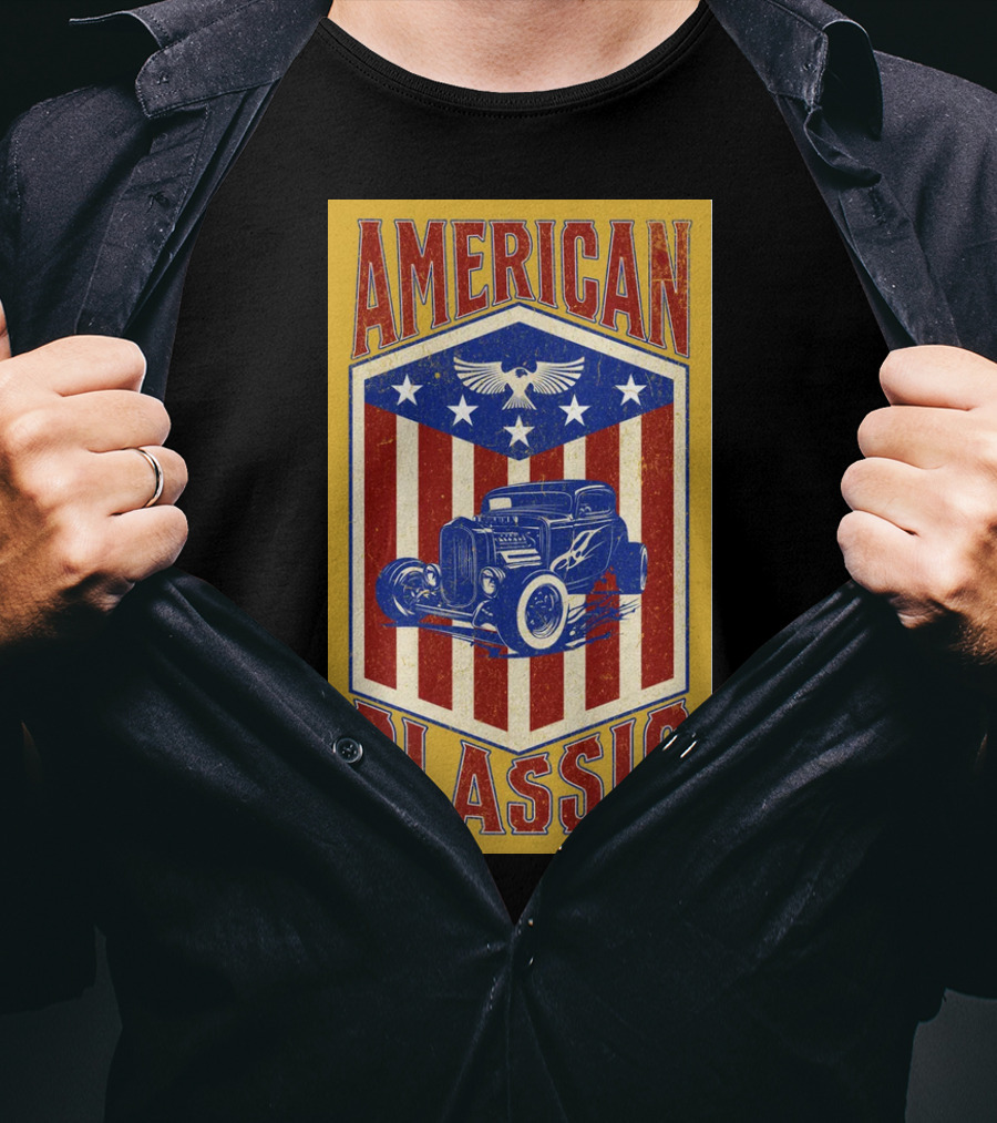AMERICAN CLASSIC Hot Rod Eagle Stripes Stars Vintage Retro T-Shirt