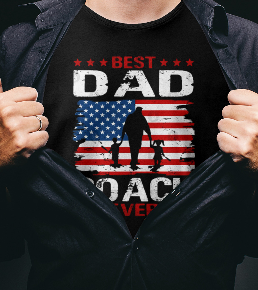 Best Dad Coach Ever USA Flag Baseball Dad Father's Day T-Shirt