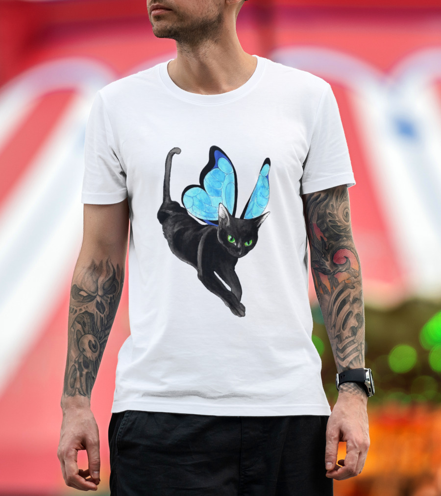 Black Cat with Blue Butterfly Wings T-Shirt