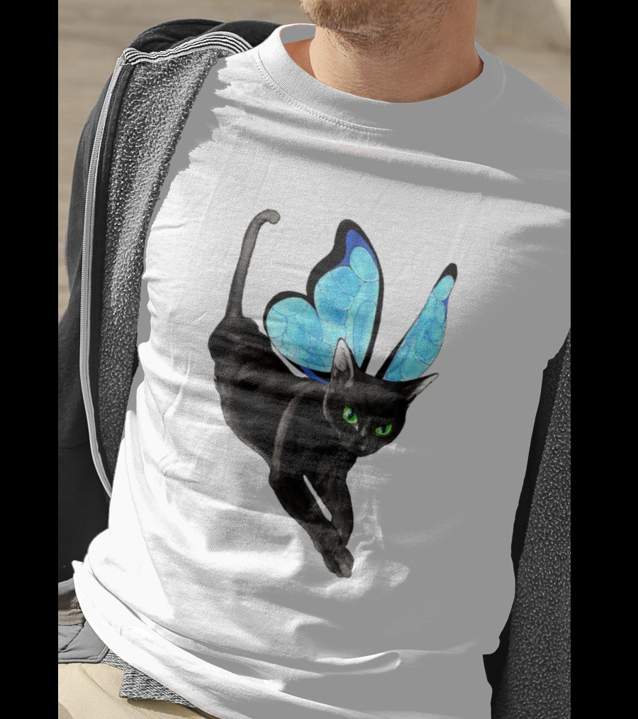 Black Cat With Blue Butterfly Wings T-Shirt