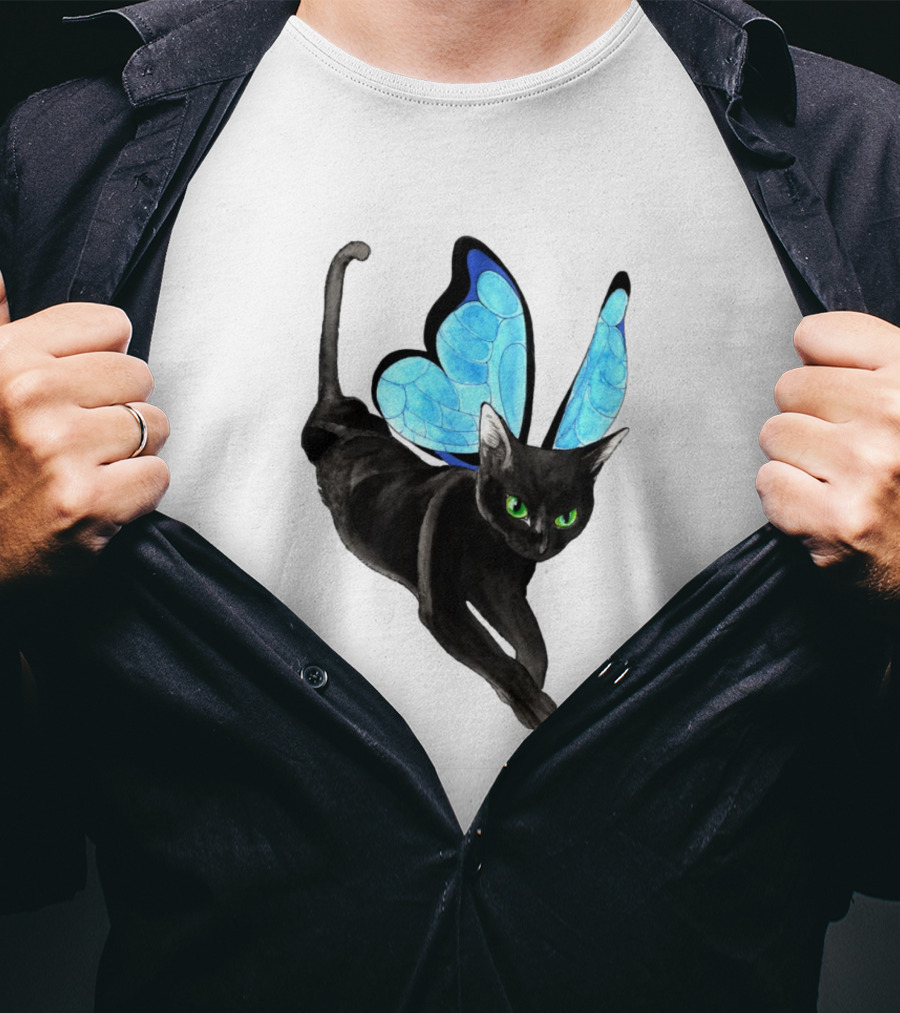 Black Cat With Blue Butterfly Wings T-Shirt
