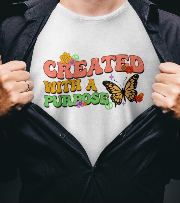 Created With A Purpose Butterfly Flowers Peace Sign T-Shirt