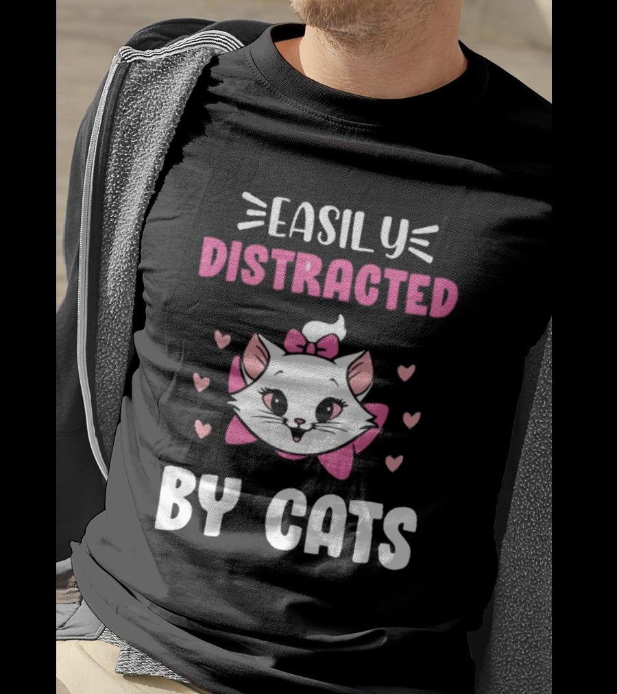 Easily Distracted By Cats Cute Kitten With Pink Bow And Hearts T-Shirt