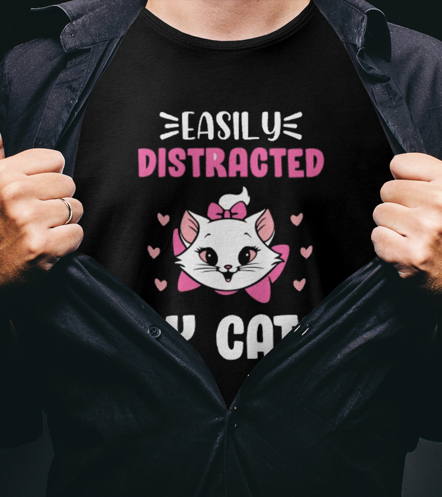 Easily Distracted By Cats Cute Kitten With Pink Bow And Hearts T-Shirt