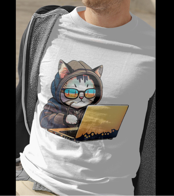 Hacker Cat In Hoodie With Laptop And Glasses T-Shirt