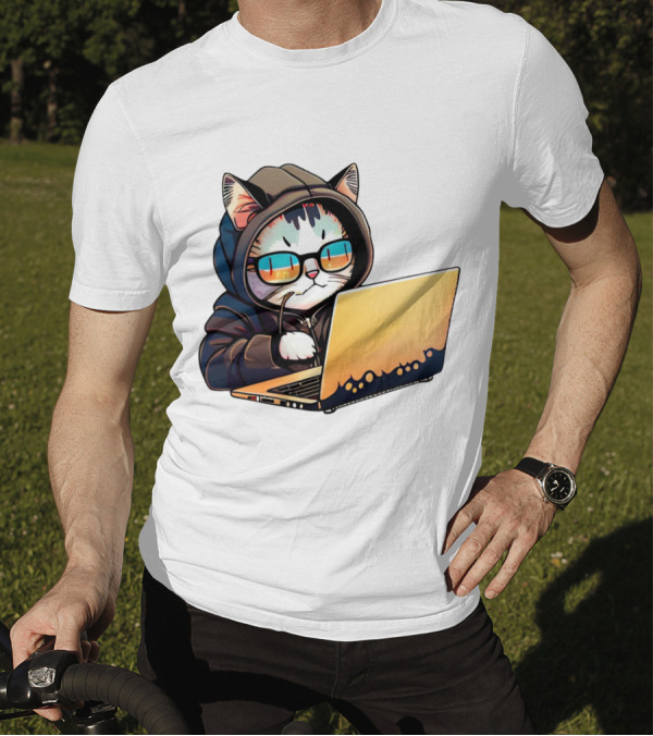 Hacker Cat In Hoodie With Laptop And Glasses T-Shirt
