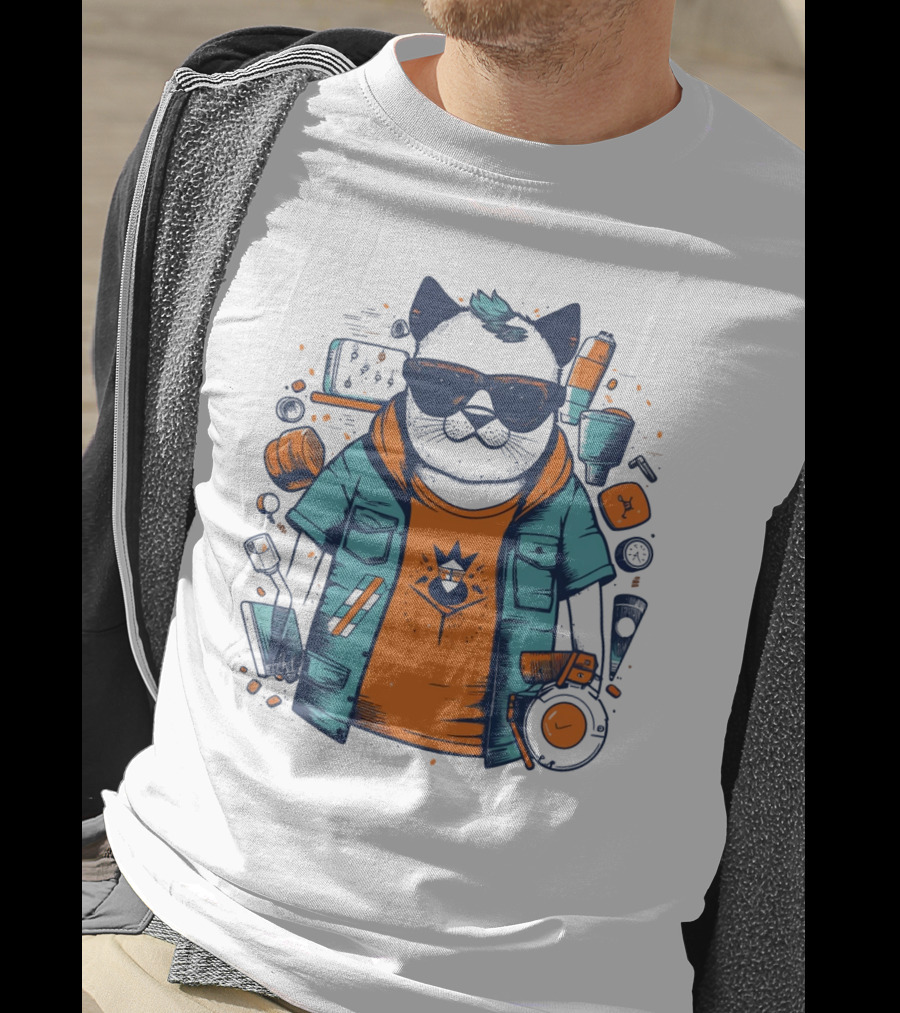 Hipster Cat In Sunglasses With Headphones And Jacket T-Shirt