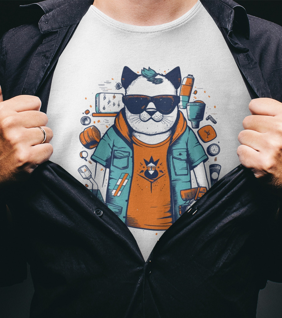 Hipster Cat In Sunglasses With Headphones And Jacket T-Shirt
