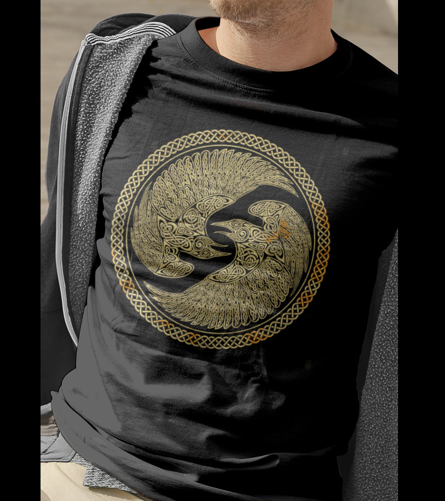 Hugin And Munin Celtic Knotwork Ravens In Intricate Circular T-Shirt