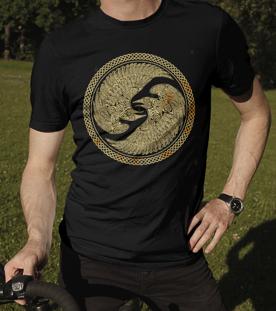 Hugin And Munin Celtic Knotwork Ravens In Intricate Circular T-Shirt