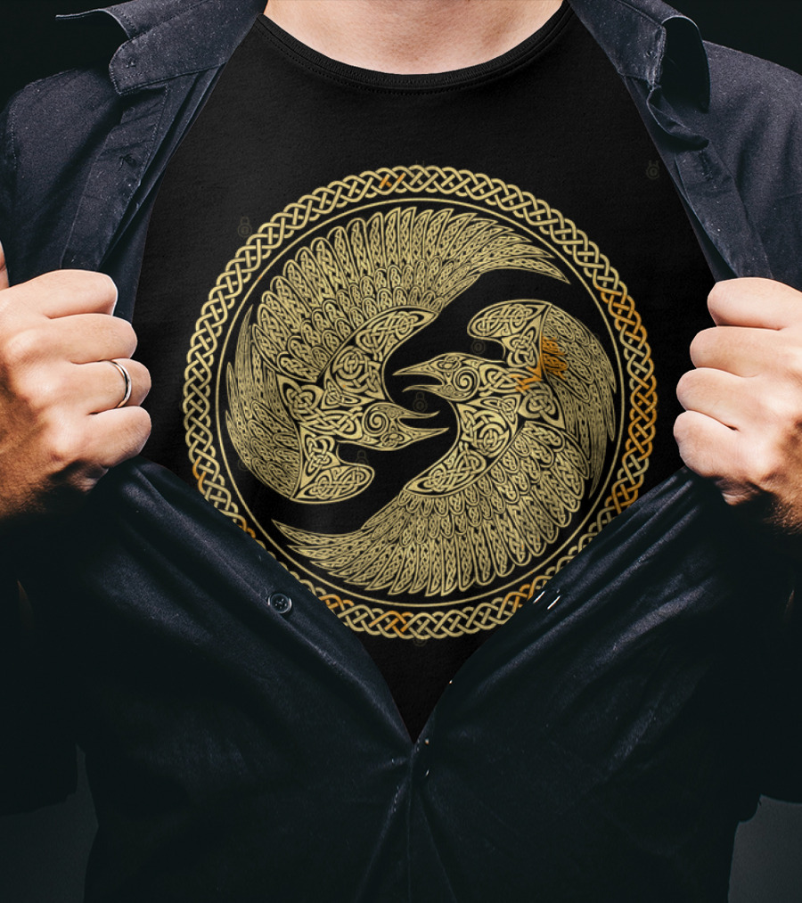 Hugin And Munin Celtic Knotwork Ravens In Intricate Circular T-Shirt