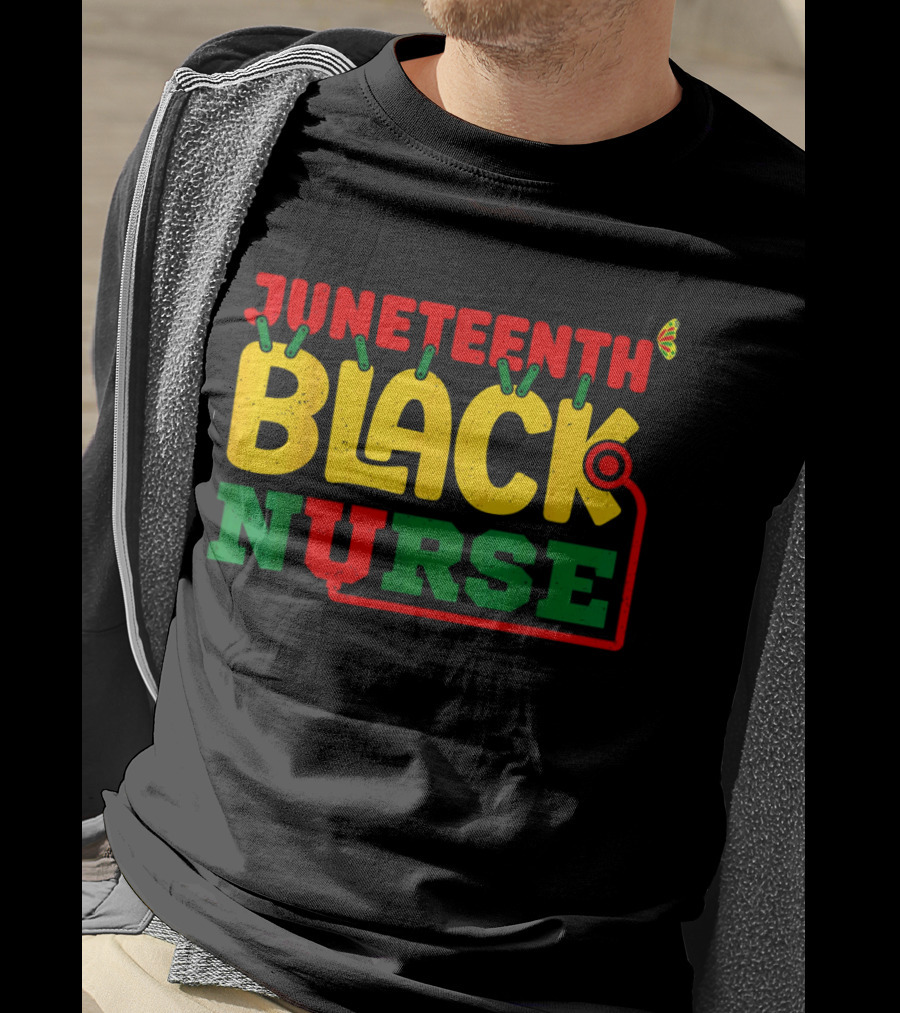 Juneteenth Black Nurse Red Yellow Green Butterfly Stethoscope T-Shirt