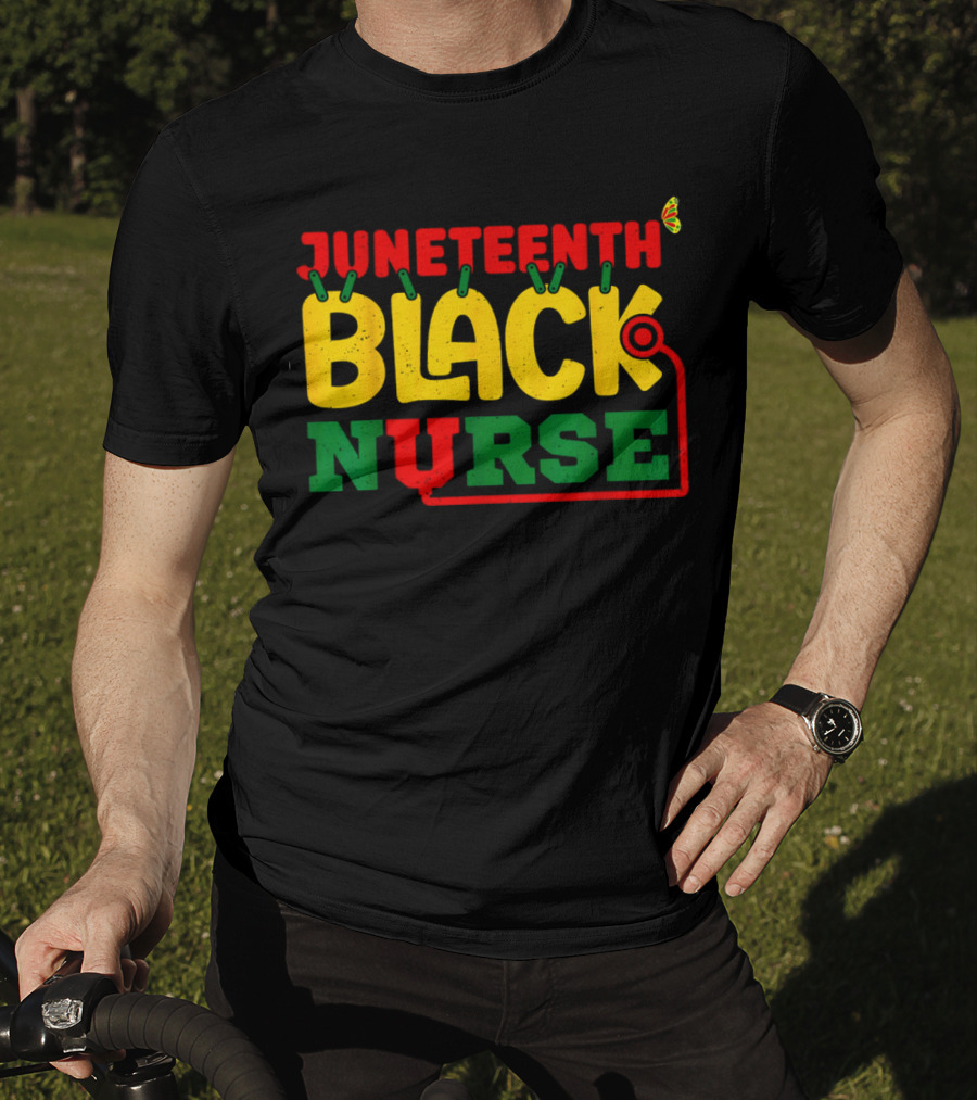 Juneteenth Black Nurse Red Yellow Green Butterfly Stethoscope T-Shirt