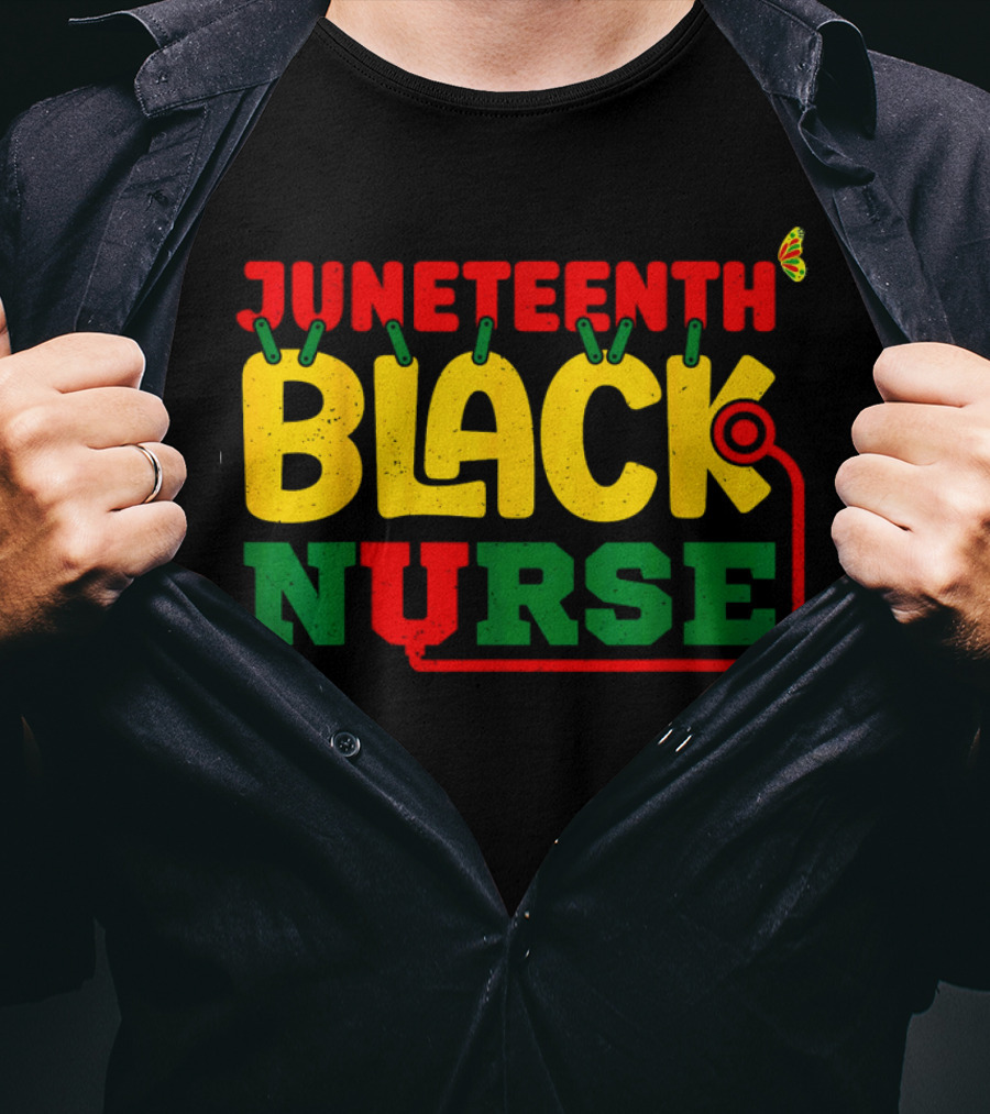 Juneteenth Black Nurse Red Yellow Green Butterfly Stethoscope T-Shirt