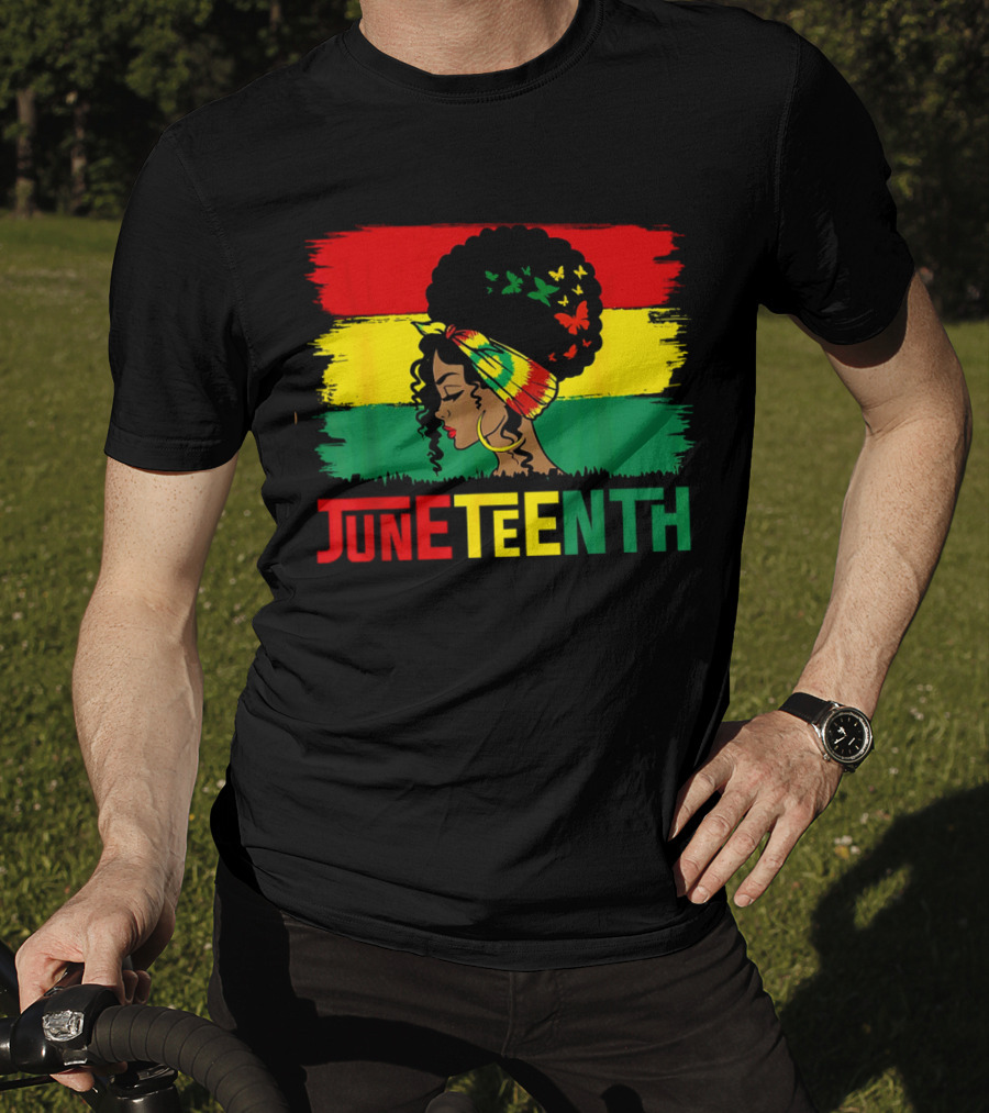 Juneteenth Remembering My Ancestors Celebrate Black Freedom Afro Woman Rasta Colors Flags T-Shirt